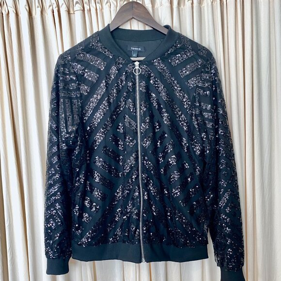 Black Sequin Bomber Jacket Size Large - Picture 1 of 7